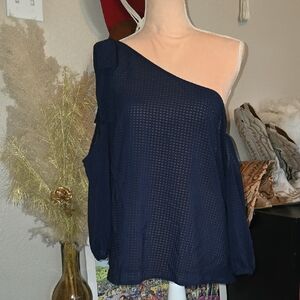 BCBGeneration Sheer Navy One-Shoulder Blouse